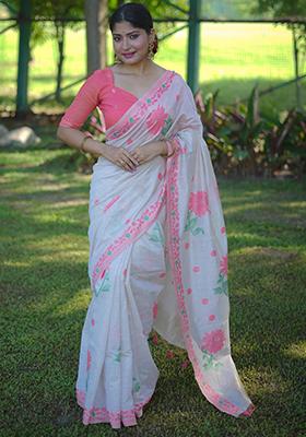 Baby Pink Solid Cotton Saree Set