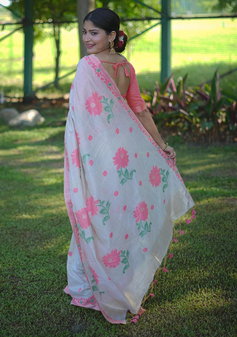 Baby Pink Solid Cotton Saree Set