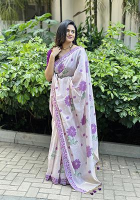 Purple Solid Cotton Saree Set