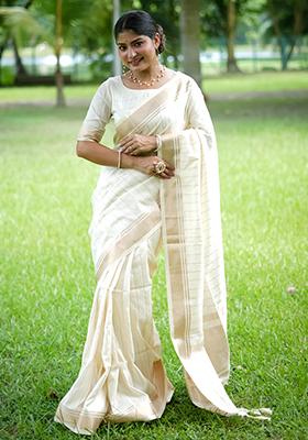 White Solid Silk Saree Set