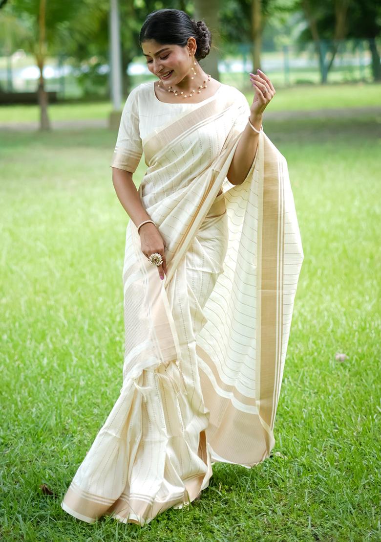 White Solid Silk Saree Set