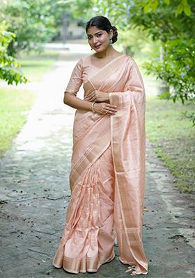 Peach Solid Silk Saree Set