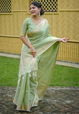 Pista Green Solid Silk Saree Set
