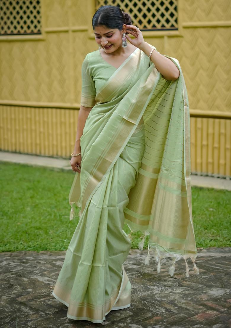 Pista Green Solid Silk Saree Set