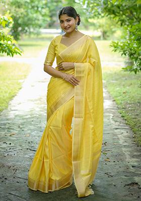 Yellow Solid Silk Saree Set