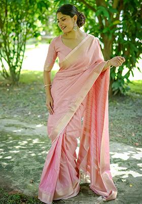 Baby Pink Solid Silk Saree Set