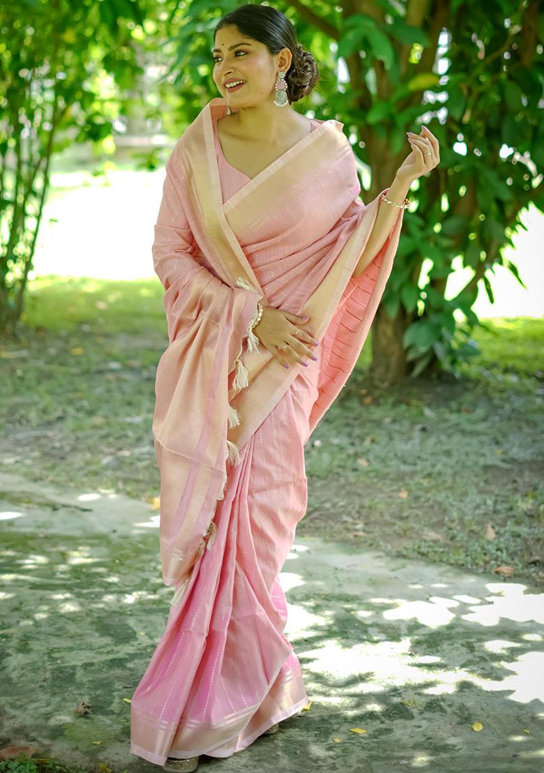 Baby Pink Solid Silk Saree Set