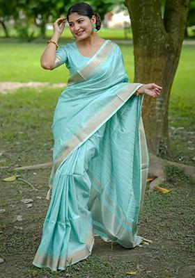 Sky Blue Solid Silk Saree Set