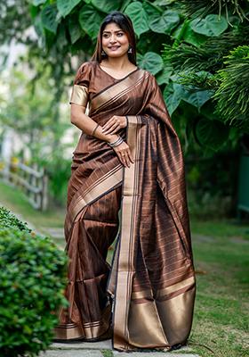 Brown Solid Silk Saree Set
