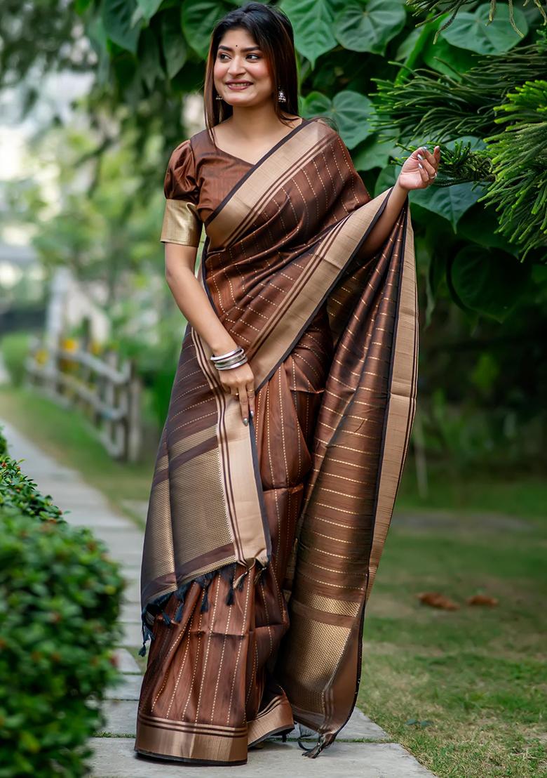 Brown Solid Silk Saree Set