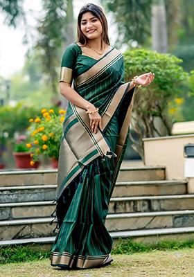 Green Solid Silk Saree Set