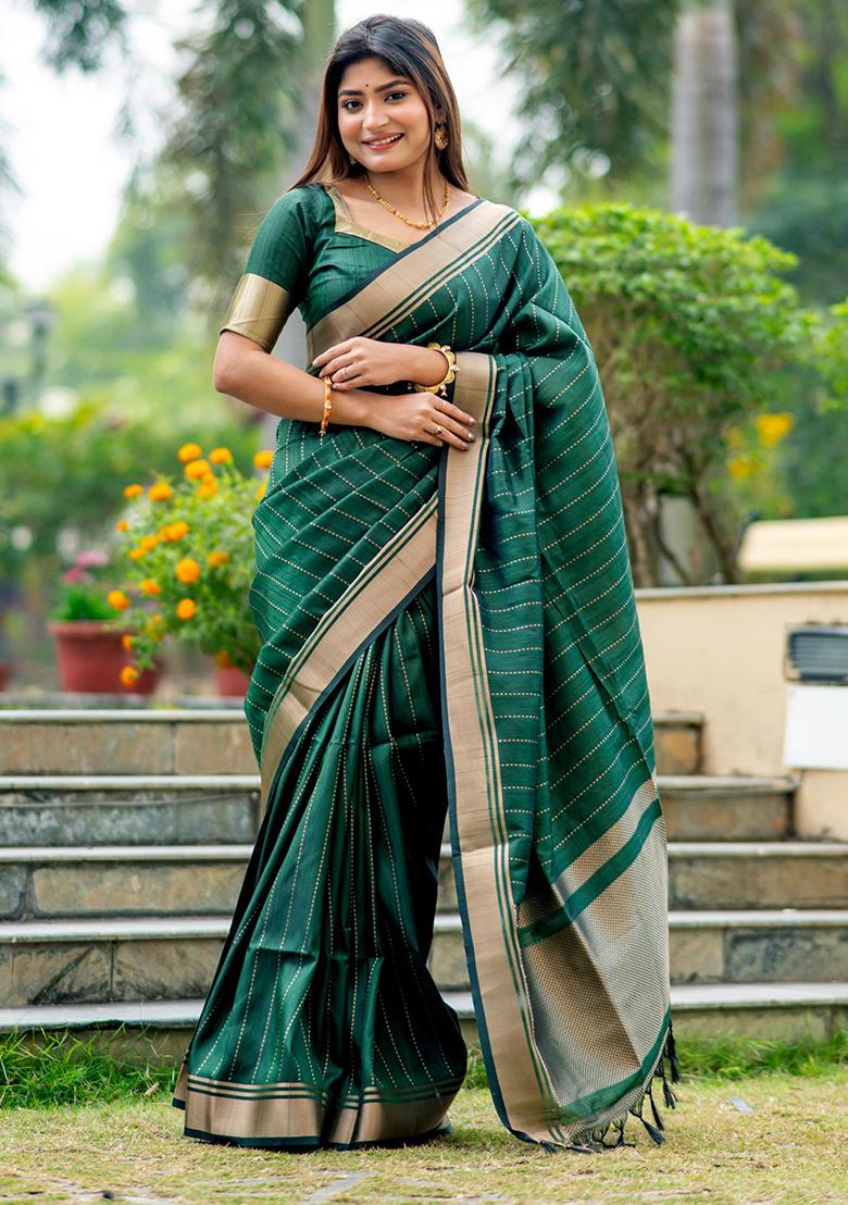 Green Solid Silk Saree Set