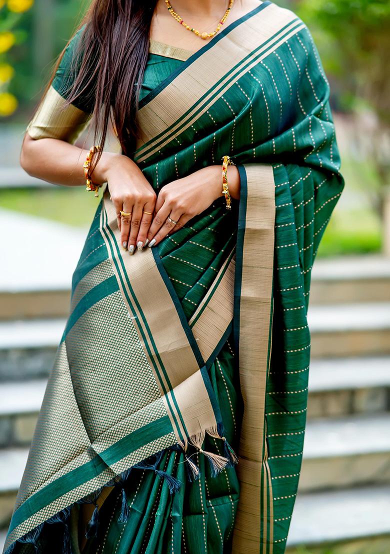 Green Solid Silk Saree Set