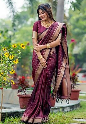 Magenta Solid Silk Saree Set