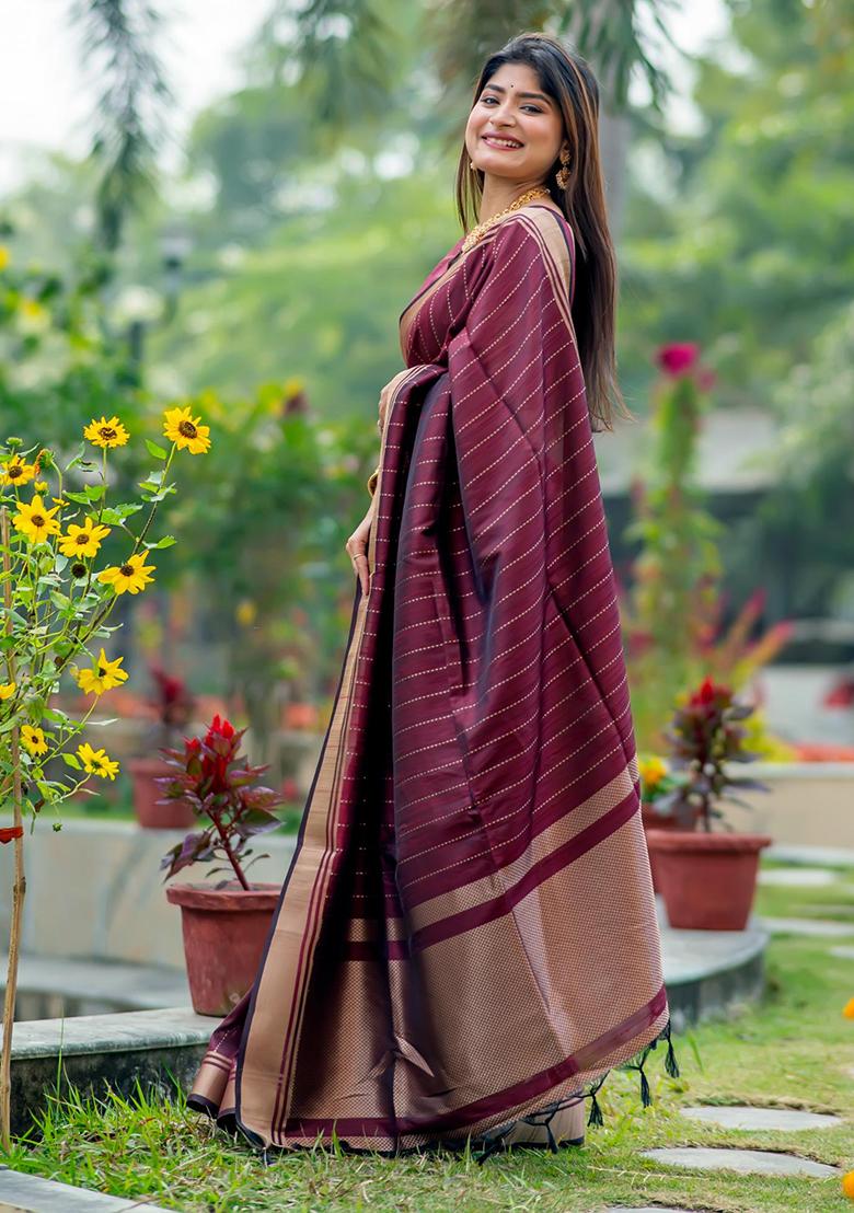 Magenta Solid Silk Saree Set