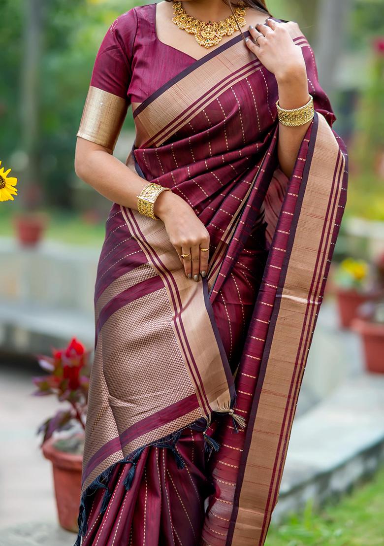 Magenta Solid Silk Saree Set
