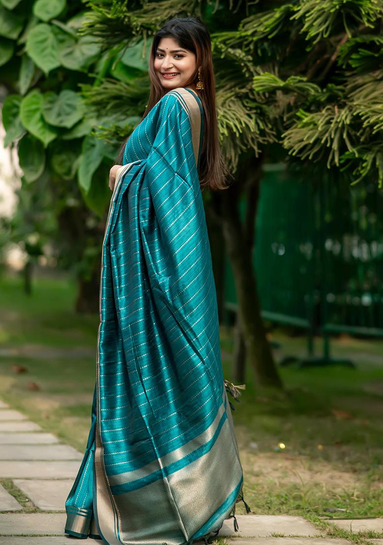 Teal Solid Silk Saree Set