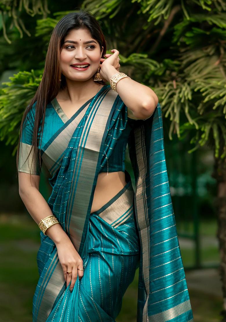 Teal Solid Silk Saree Set