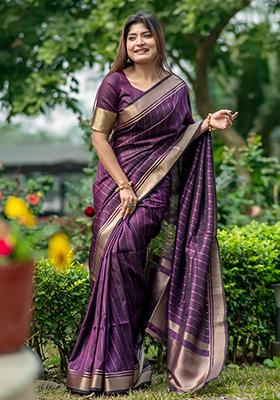 Purple Solid Silk Saree Set