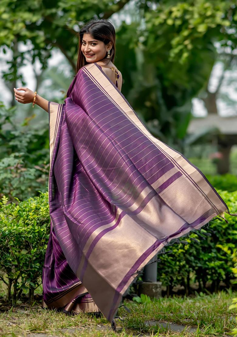 Purple Solid Silk Saree Set