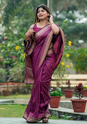 Pink Solid Silk Saree Set