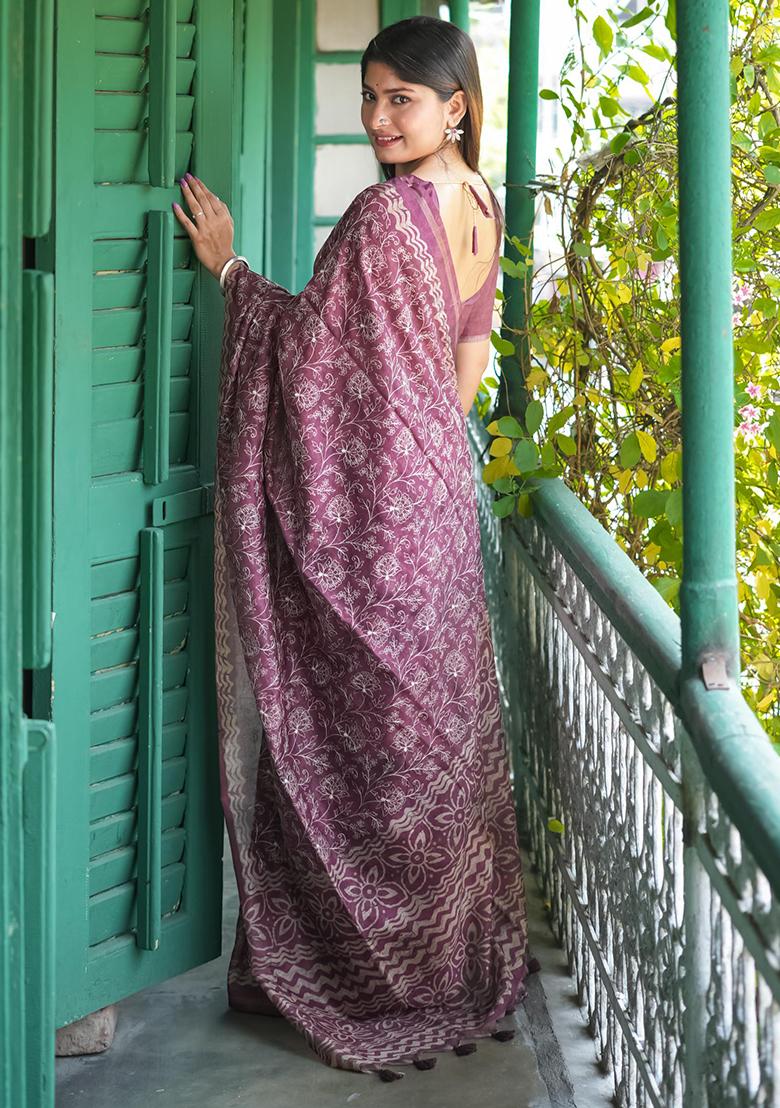 Pink Solid Tussar Silk Saree Set