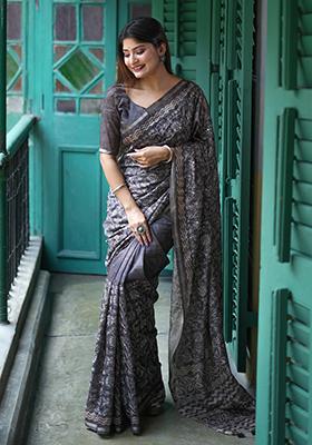 Black Solid Tussar Silk Saree Set