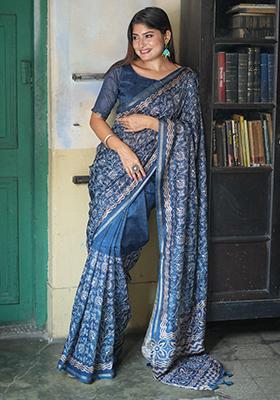 Blue Solid Tussar Silk Saree Set
