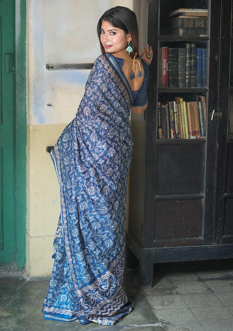 Blue Solid Tussar Silk Saree Set