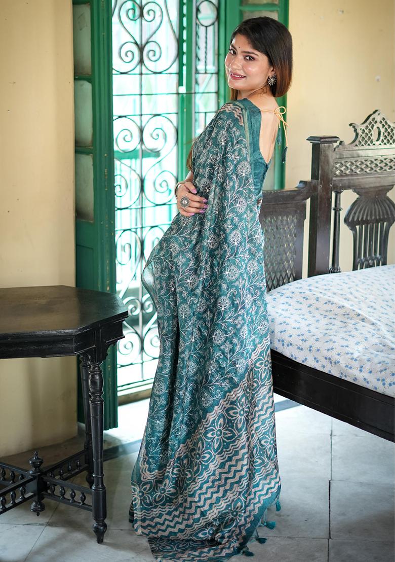 Teal Solid Tussar Silk Saree Set