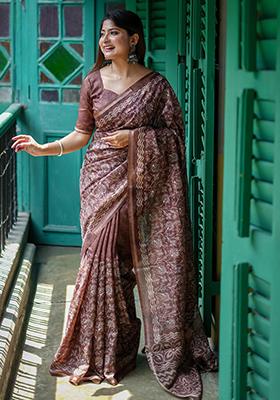 Brown Solid Tussar Silk Saree Set