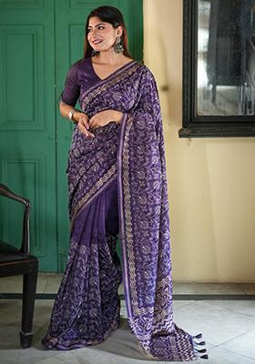 Purple Solid Tussar Silk Saree Set
