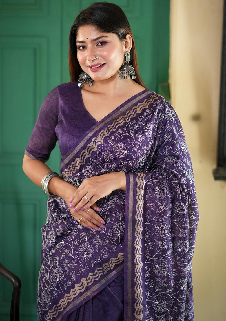 Purple Solid Tussar Silk Saree Set