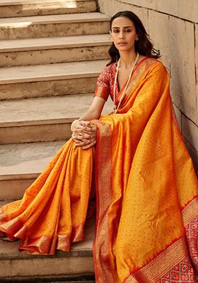 Orange Solid Khadi Saree Set