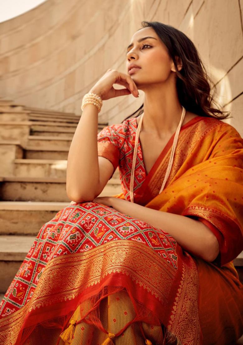 Orange Solid Khadi Saree Set