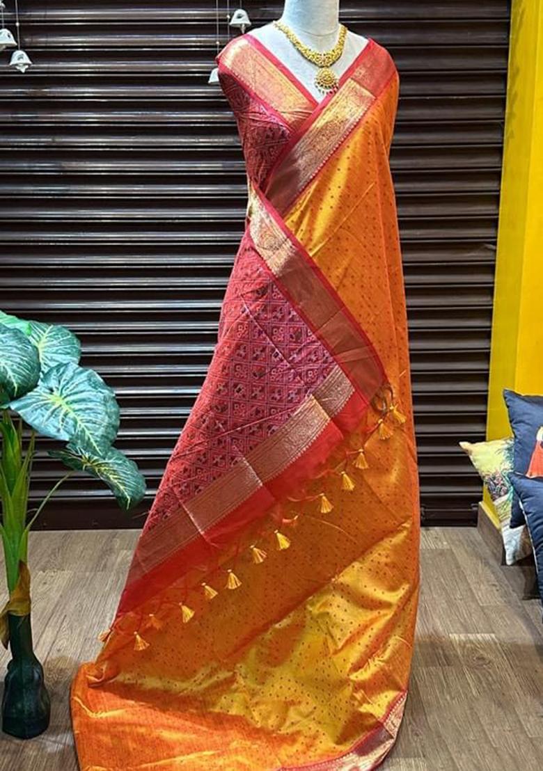 Orange Solid Khadi Saree Set