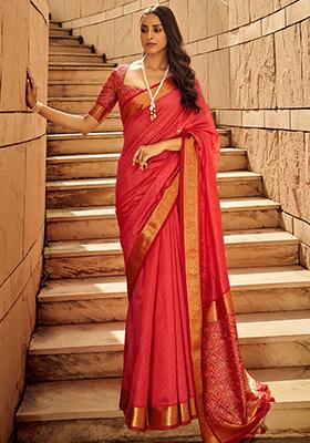 Red Solid Khadi Saree Set