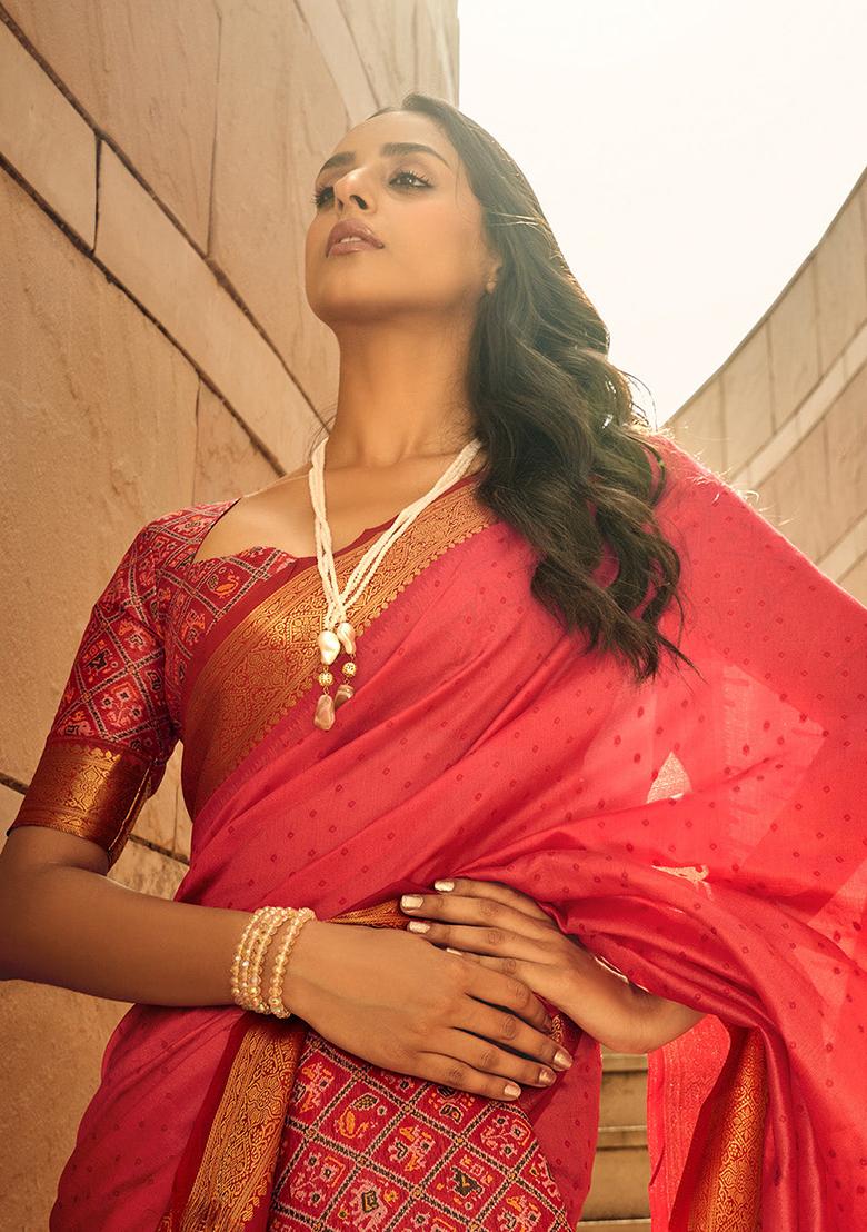 Red Solid Khadi Saree Set