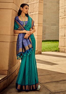 Teal Solid Khadi Saree Set