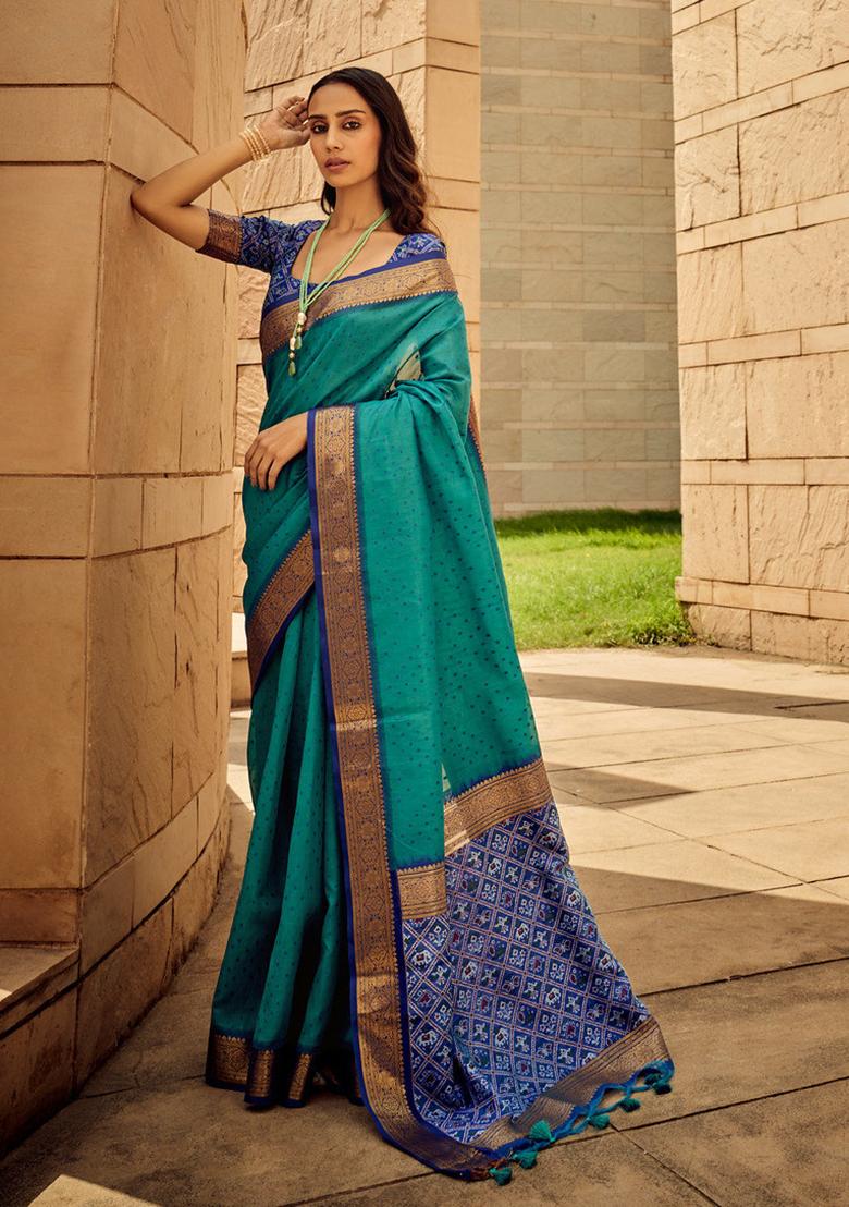 Teal Solid Khadi Saree Set