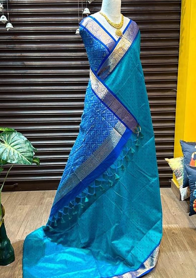 Teal Solid Khadi Saree Set