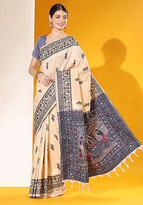 Off White Solid Silk Saree Set