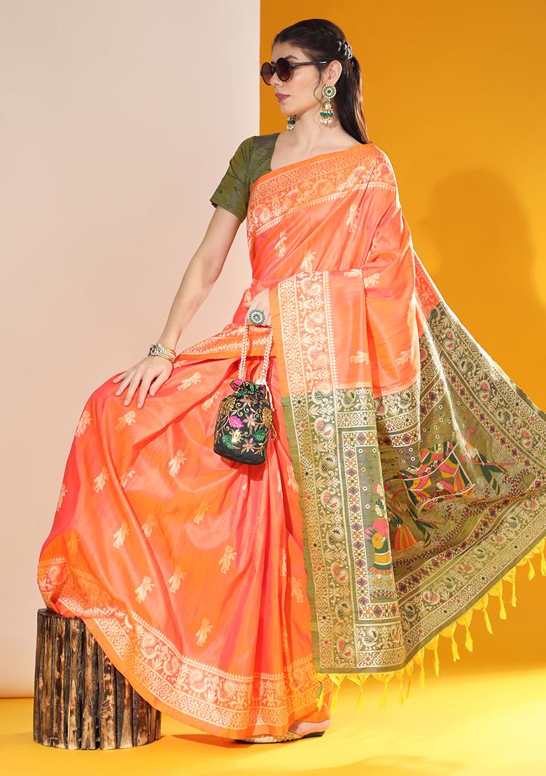 Orange Solid Silk Saree Set