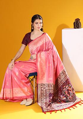 Pink Solid Silk Saree Set