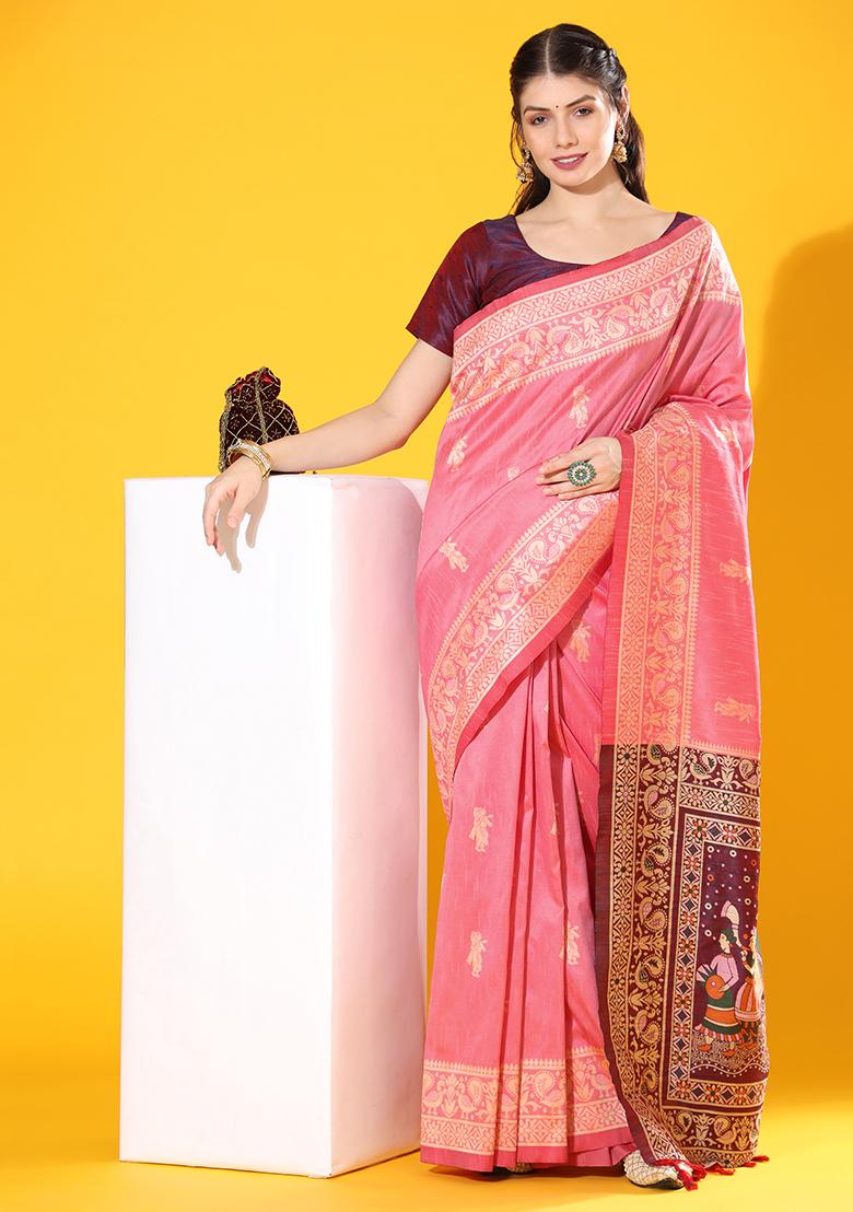 Pink Solid Silk Saree Set