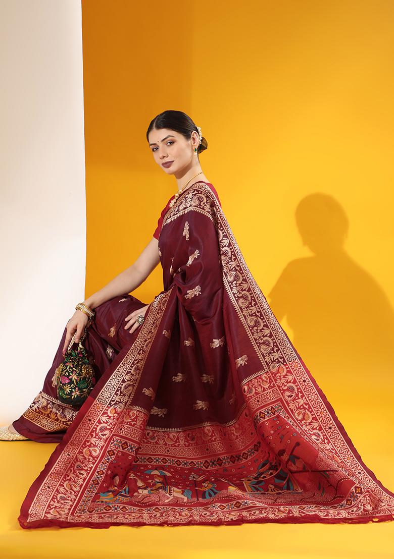 Wine Solid Silk Saree Set