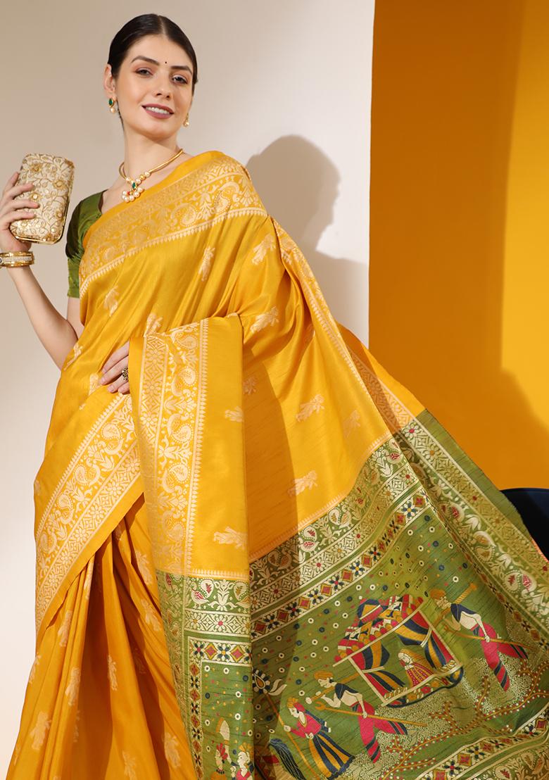 Yellow Solid Silk Saree Set