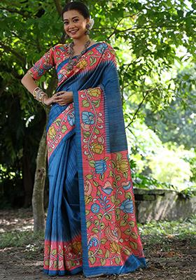 Blue Solid Tussar Silk Saree Set