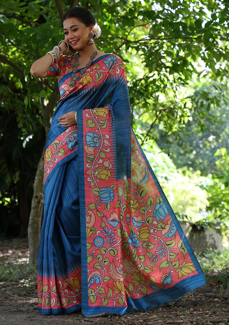 Blue Solid Tussar Silk Saree Set