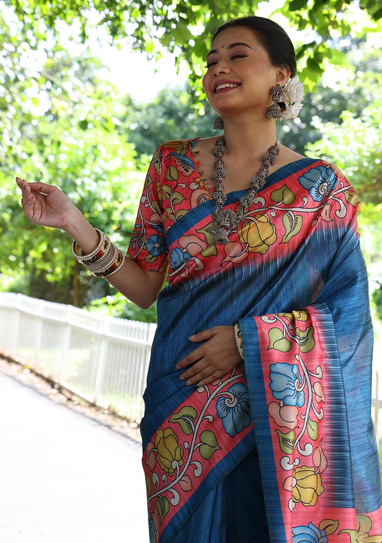 Blue Solid Tussar Silk Saree Set